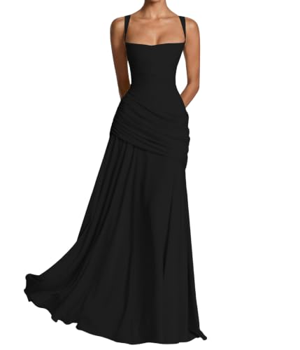 Black Dress Womens Summer Maxi Ruched Elegant Evening Gowns Dresses S | Wedding Guest Dresses for Women Lace Up Back Ruched A Line Feminine Cocktail Prom Bridesmaid Dress