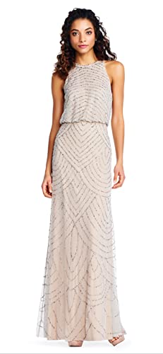 Adrianna Papell Womens Art Deco Beaded Blouson Dress with Halter Neckline, Silver/Nude, 16