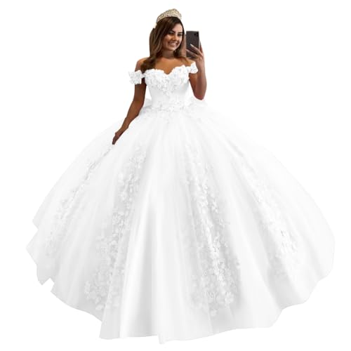 Flihodaputa Sweetheart 3D Flower Ball Gowns Quinceanera Dresses with Bow White Off Shoulder Lace Applique Beaded Birthday Gowns for Teens Size8