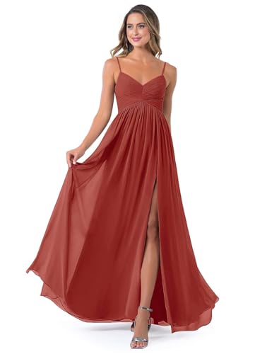 IvyEveiy Women’s A Line Spaghetti Straps V Neck Bridesmaid Dress Ruched Long Formal Evening Party Gown with Side Slit Terracotta