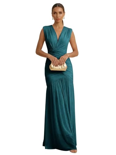 RYANTH Plus Size Teal V Neck Mother of the Bride Dress for Women Long Ruched Chiffon Wedding Guest Dress Pleated Mermaid Formal Gown 16W