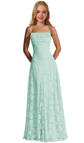 Uihtuda Spaghetti Strap Floral Junior Bridesmaid Dress A-Line Flower Girl Dress for Wedding Party Gown Mint Green US14
