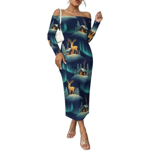 RUVSOLI Winter Aurora Deer Maxi Dress Off Shoulder Dress XL | Off the shoulder,Long Sleeve,Maxi Dress,Casual Cocktail Wedding Guest Formal Party Dress,Bodycon,Sexy