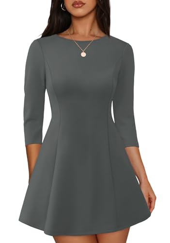 RUMIA 3/4 Sleeve Dress for Women A-Line 3/4 Sleeve Mini Dress Darkgray L