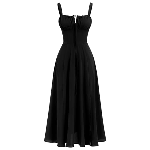 IBTOM CASTLE Flowy Dresses for Women: Ladies Sexy Midi Corset Dress Boho Flowy Slit Lace Up Dresses Spaghetti Straps Square Neck Going Out A Line Casual Cocktail Party Summer Holiday Sundress Black L