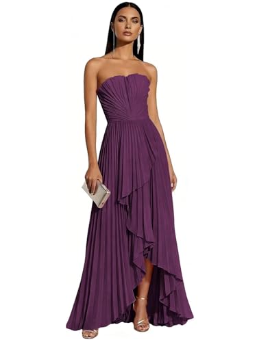 Strapless Pleated Bridesmaid Dresses for Women Hi-Lo Chiffon Formal Gowns