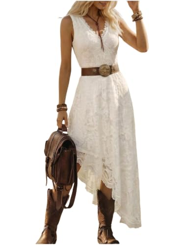 GORGLITTER Women's Western Cowgirl Boho Floral Lace Asymmetrical Dress