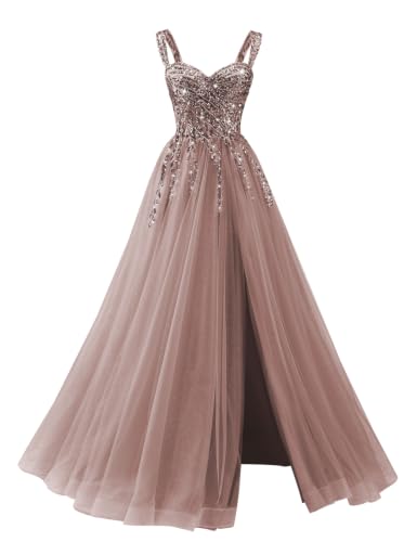 MagicST A Line Sequin Appliques Long Prom Dress Gown for Women,Dusty Rose,8
