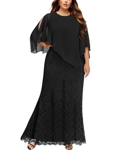 Plus Size Black Dress Women Formal Wedding Guest Evening Party Long Lace Chiffon Cape Gowns Mermaid Prom Dresses 2024