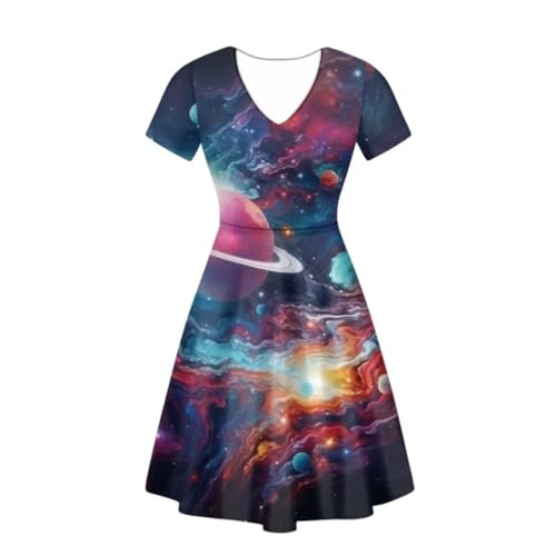 Youngerbaby Space Galaxy Universe Dress A Line Sundress Women Beach Casual Dresses Midi Dress Loose Short Sleeve Summer V Neck Dresses