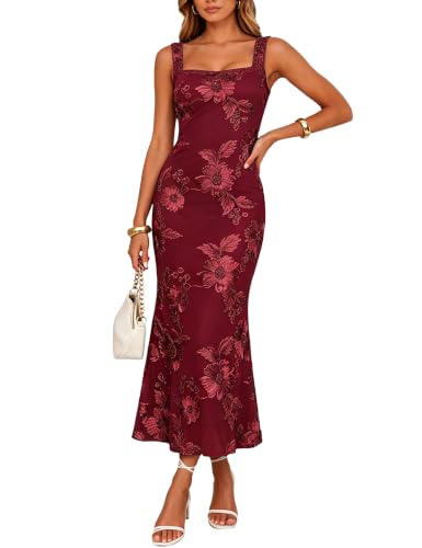 YMDUCH Women's Sleeveless Square Neck Floral Long Formal Dress Burgundy