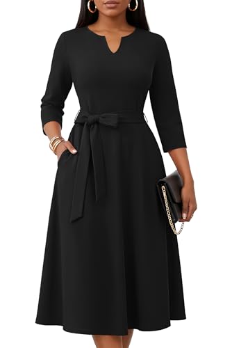 KARALIN Midi Dress for Women A-Line 3/4 Sleeve V Neck with Pockets Black
