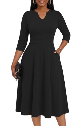 KARALIN Fit & Flare A Line Midi Dress 3/4 Sleeves and Pockets Black | Wrap Dress, Soft, Elastic Fabric, Breathable, Elegant, Wrinkle-Resistant, Semi Formal, Church, Cocktail, Wedding, Work