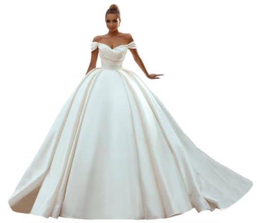 Satin Ball Gown Wedding Dresses for Bride 2025 Off Shoulder A Line Pleated White Wedding Gowns Us16 Plus Size