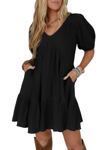 Acelitt Women's Short Sleeve Babydoll Mini Dress, Black, X-Large
