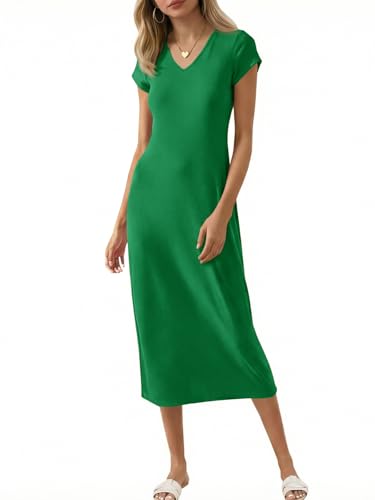 Wenrine Womens Short Sleeve T-Shirt Dress V Neck Summer Casual Midi Dresses