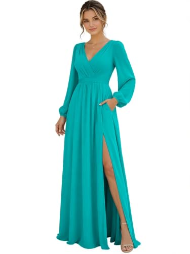 Chiffon Long Aqua Blue Bridesmaid Dress Long Sleeve Wedding Guest Dresses | Gorgeous Bridesmaid Dress, Size 20W Aqua Blue 2026 Wedding Guest Gown, Ruched Long Sleeve Evening Dresses with Sleeve