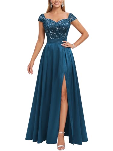 Miusol Women's Sweetheart Neck Cap Sleeve High Slit Formal Evening Dress | Shimmering Sequin Bodice, Flowy Satin Maxi Dress for Wedding Guest, Gala and Prom