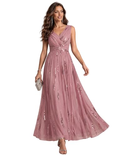 Ever-Pretty Women's Sequin A-Line V-Neck Maxi Fall Formal Evening Dress | 3D Draping, Stretchy, Wedding Guest Dress, Sleeveless, Tulle, Semi Formal Dresses, Orchid US16