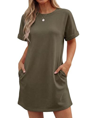 GRECERELLE Women's Summer Casual T-Shirt Dress with Pockets - Crewneck Short Sleeve Tunic Shift Dresses for Travel Work & Beach Vacation Wrinkle-Resistant Above Knee Length Army Green