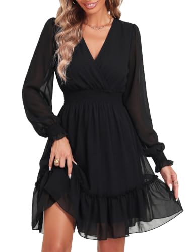 Prettywear Women's Chiffon Long Sleeve Fall Wedding Guest Mini Dress | Wrap V Neck Smocked Waist Flowy Dress, Spring Fall Outfits for Cocktail, Vacation, Date Night Party