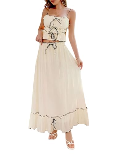 2026 Summer 2 Piece Maxi Skirt Set for Women Y2k Bow Tie Crop Top Flowy Ruffle Tiered Dress Vacation Beach Outfit (Beige,Small)