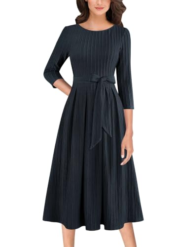 VFSHOW Womens Work Business Casual Church Pockets Belted A-Line Midi Dress