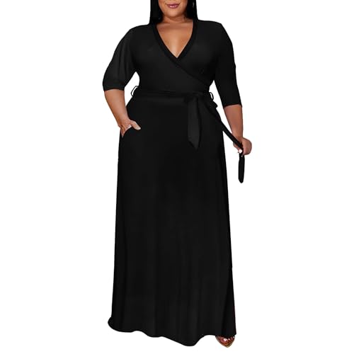 Runwind Plus Size Maxi Dress for Women 3/4 Sleeve Wrap Desses with Belt