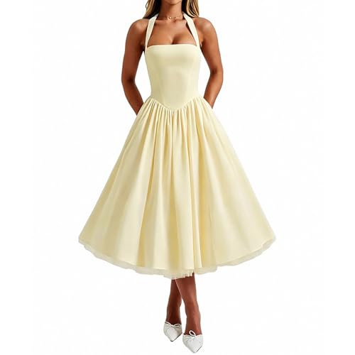 Women Summer Halter Dress Low Cut Sleeveless A Line Tulle Swing Flowy Tea Length Dress Corset Prom Formal Ball Gowns (Yellow, Medium)