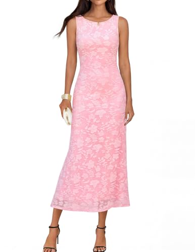 MEROKEETY Womens Summer Floral Elegant Bodycon Maxi Dress, Pink, M