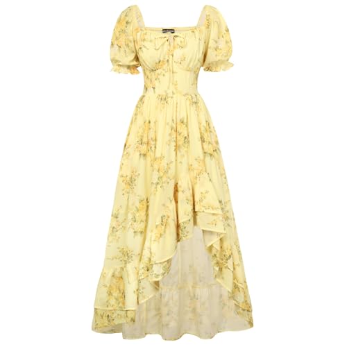 Women's Floral Corset Dress Chiffon Wedding Guest Sundress Yellow M | Off Shoulder, High-Low Ruffle Hem, Flowy A Line, Smocked Back Bodice,, with Pockets, for Summer Holiday Easter