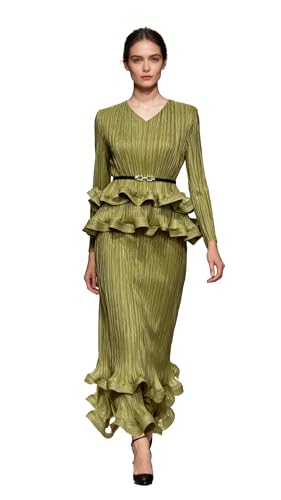 Women's Pleated Two-Piece Dress Set Hot Stamping V-Neck Long Sleeved Belt for Formal Dinners and Cocktail Parties