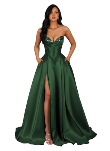 Tianzhihe Satin Long A Line Plus Size Strapless Emerald Green Prom Dresses