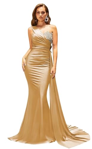 GODCUN Satin One Shoulder Bridesmaid Dress 2025 Ruched Mermaid Prom Dress Long Formal Evening Gown Gold US 16