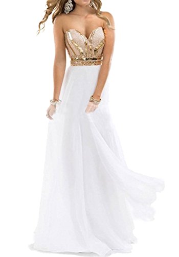 Lorderqueen Women's Sweetheart White Chiffon Gold Sequin Long Prom Dresses Size 6 White