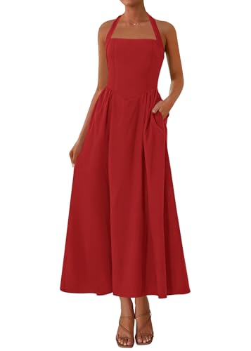 KIRUNDO Summer Dresses for Women 2026 Halter Maxi Wedding Guest Party Cocktail Semi Formal Elegant Classy Long Sundress(Red, Medium)