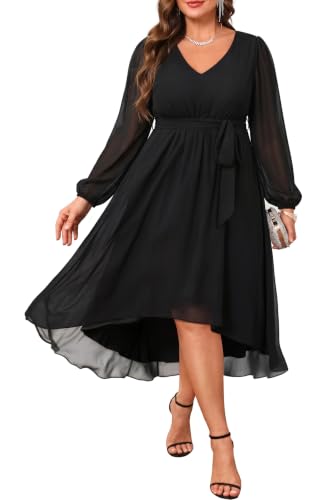 Talisea Plus Size Dress Wedding Guest Black Cocktail Formal Chiffon Long Sleeve High Low Semi Formal Dresses Curvy Women