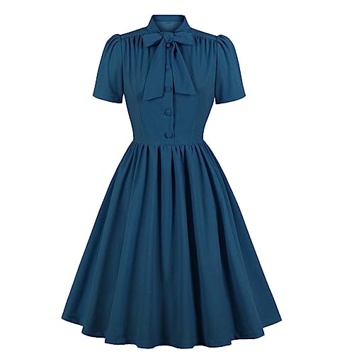 Women Short Sleeve Bow Tie Neck Vintage 1950s Cocktail Party Dress Buttons 50s 60s Audrey Hepburn Rockabilly Swing Dress Wedding Formal Pleated Flared A-Line Work Dresses Marine Blue-Bowknot XXL