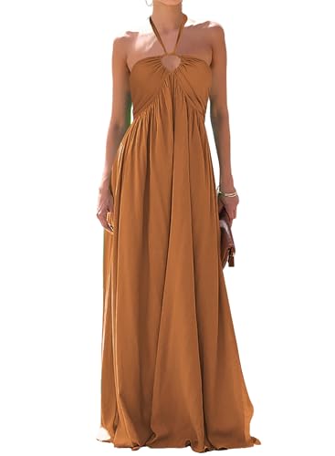 Brown Maxi Dress Wedding Guest Women 2026 Sexy Sleeveless Low Back Empire Waist A Line Long Flowy Cocktail Party Chiffon Criss Cross Halter Dresses S