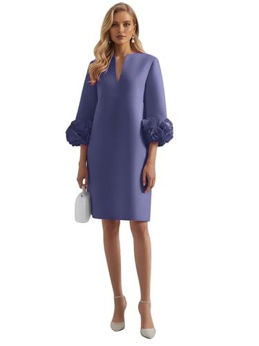 RYANTH Purple Mother of The Groom Dresses Vintage V-Neck Graduation Gown 3/4 Sleeve Flower Mother of Bride Dress US8