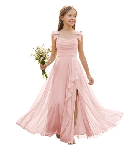 Qatuddl Junior Bridesmaid Dress Light Pink Chiffon Flower Girl Dress for Wedding Spaghetti Straps Prom Dresses for Teen Size 12
