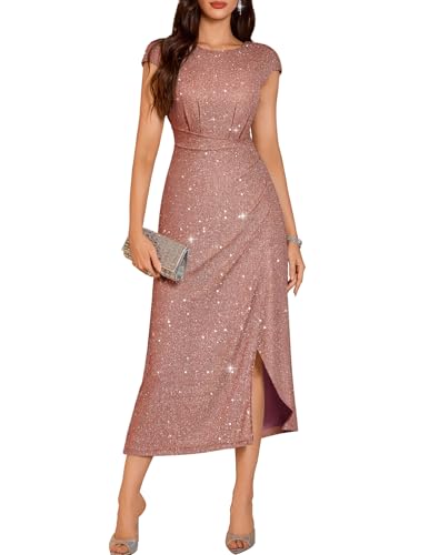 DRESSTELLS Formal Wedding Guest Dresses for Women, Sequin Cocktail Tea Party Sparkly Bridesmaid Evening Prom Fit Flare Gala Dress Glitter DustyRose XL