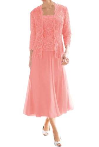 2 Pieces Chiffon Mother of The Bride Dresses Long Sleeve Prom Dresses for Women 2026 with Jackets Coral-US 10