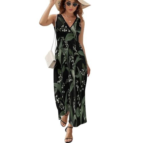 Lily of Valley Colorful Floral Deep V Neck Boho Dress for Women Floral Sleeveless Maxi Dress A Line Sundress Casual Summer Long Beach Dresses