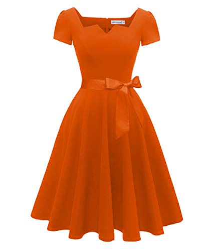 Girstunm 1950s Classic Cocktail Party Swing Dress Orange M | A-Line Retro Dress, Short sleeve Dress with Pockets, Vintage Dress, For Wedding Guest, Birthday/Tea Party, Formal Occasion