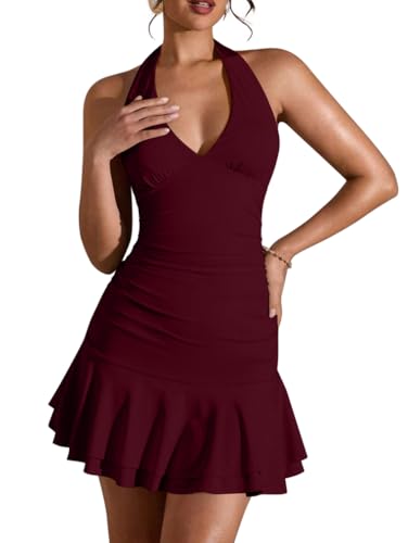 XXTAXN Womens Sexy V Halter Neck Sleeveless Flowy Hem Short Dress WineRed