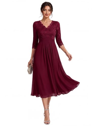 Ever-Pretty Women's Chiffon V-Neck Midi A-Line Formal Wedding Guest Dress | 3/4 Sleeve, Ruched, Fall, Lace Trim, Mother of the Bride Dress, Evening Dresses, Burgundy US22