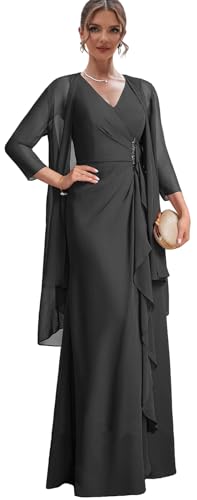 2 Pieces Mother of The Bride Dresses with Jacket Black Chiffon Formal Gown for Women Plus Size 20