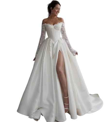 Wedding Gowns for Bride 2026 Boho Beach Satin Off the Shoulder A Line Bride Dress Plunging Fancy Bridal Ball Gown Long Sleeves Lace Applique Wedding Dress for Women Ivory US14