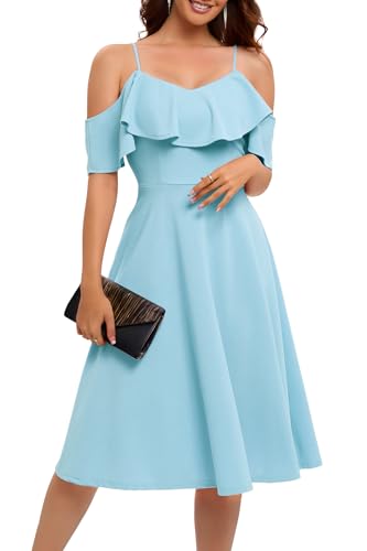 Bbonlinedress Womens Off The Shoulder Cocktail Dresses, Formal Wedding Guest Summer Prom Homecoming Party Casual Bridal Shower Bridesmaid A Line Midi Dress Blue L